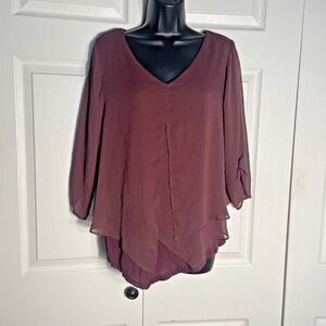 Apt‎ 9 Shirt Women Medium Burgundy Y2K Flowy Asymmetric Fairycore Layered Blouse